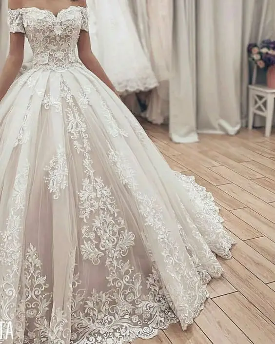 Великолепное Кружевное бальное платье, свадебные платья, милое с открытыми плечами, с аппликацией, на шнуровке сзади, мусульманское свадебное платье невесты