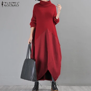 

2020 Spring Solid Patchwork Dress ZANZEA Casual Irregular Pullover Women Turtleneck Long Sleeve Long Sundress Female Katfan Robe