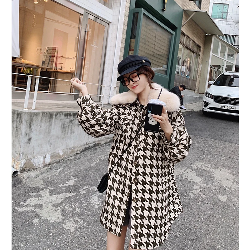 MISHOW зимнее женское Новое корейское Стильное элегантное шерстяное пальто с отворотом женская верхняя одежда с меховым воротником средней длины MX19D9714 - Цвет: houndstooth