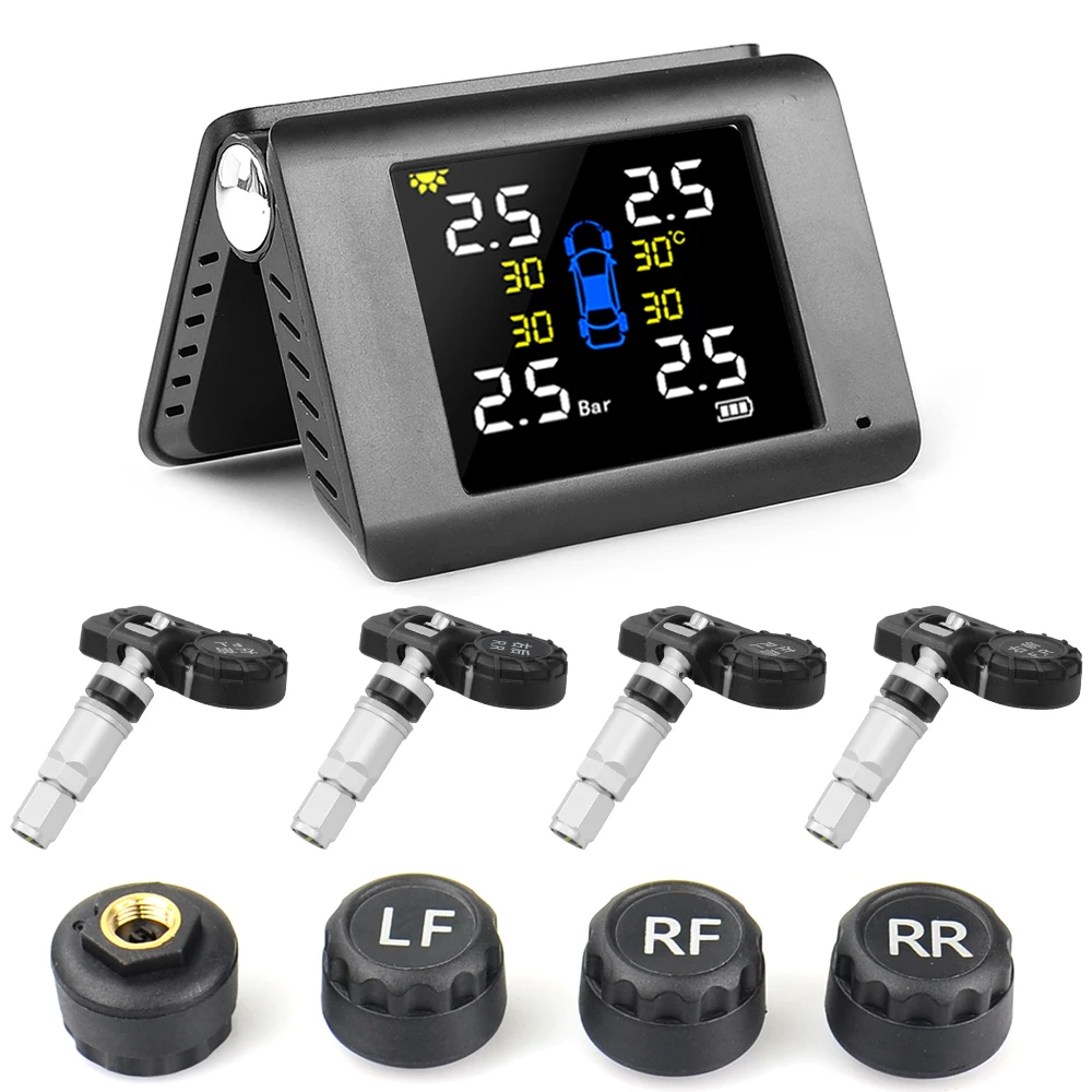 Solar Power Car Tire Pressure Monitoring System with 4 Sensors LCD Real-time Display Auto Alarm