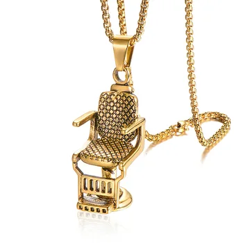 

New Fashion Hip Hop Rock Titanium Stainless Steel Barbershop Sofa Chair Pendants Necklace for Men Barber Jewelry Gold Collar