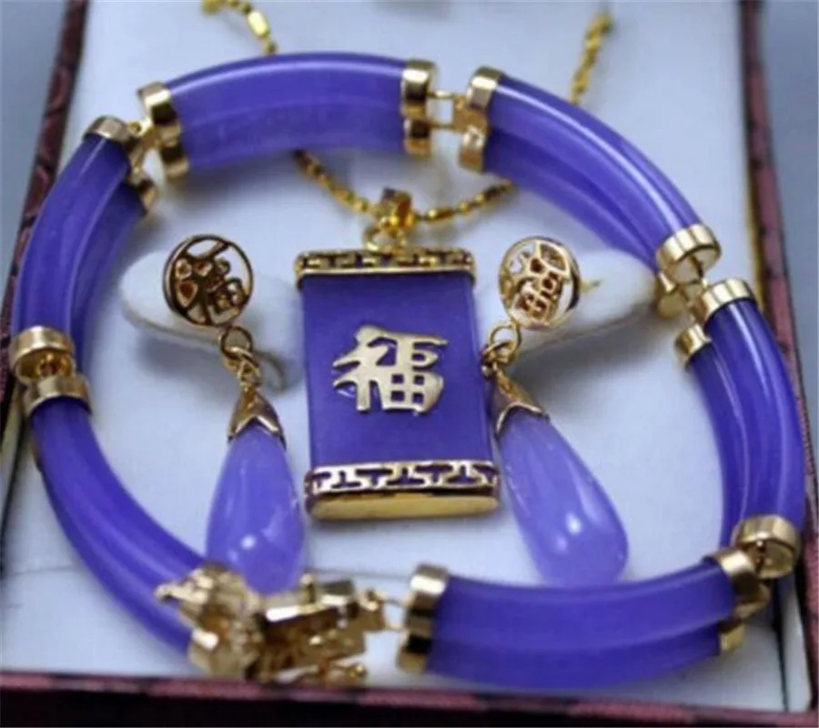 Jewelry Set NEW Noblest Genuine Purple natural green buddha jadeite Pendant Earring Bracelet jade crystal Free Shipping | Украшения и
