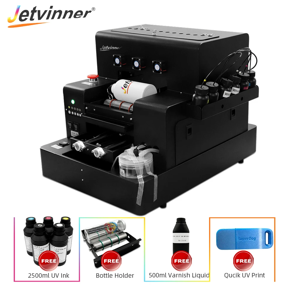 

Jetvinner Automatic UV Printer A4 Flatbed Printer With Varnish Effect For Phone Case Bottle PVC TPU Metal Wood Glass Acrylic ABS