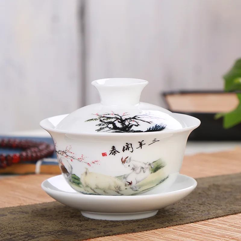 High grade white porcelain Gaiwan ceramic tea set Sancai cover bowl blue and white tea set bowl 150ml