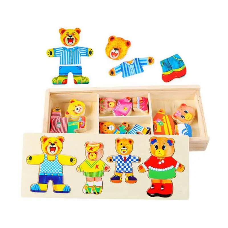 Wooden Bear Family Dress up Puzzle Box-Sorting and Matching Jigsaw Puzzle-Wooden Sorting Toys for 3 Years Old Girls