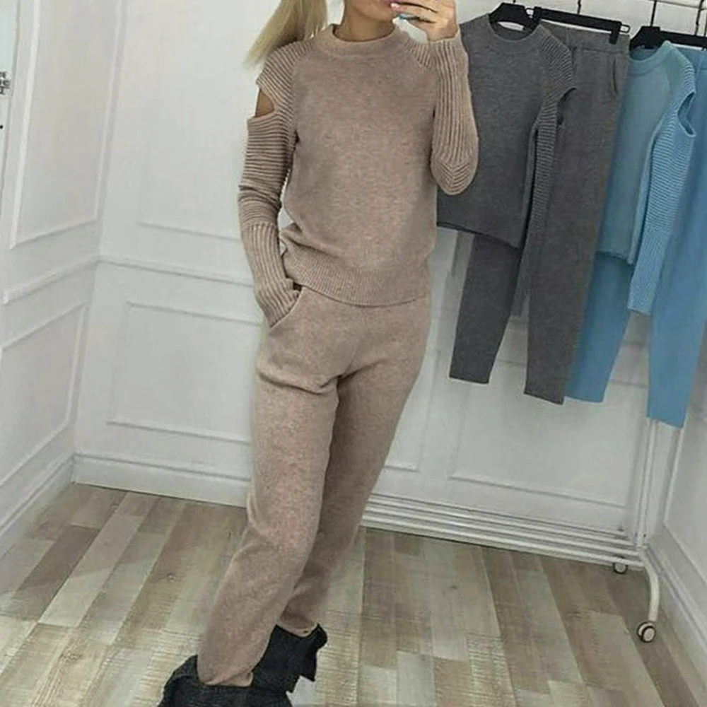 WENYUJH, Осенний вязаный женский спортивный костюм, комплект из 2 предметов, пуловер с открытыми плечами и рукавами, топ, трикотажные штаны, повседневный трикотажный спортивный костюм