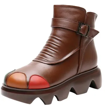 

New Classic Retro Thick-soled Platform Non-slip Short Boots Spell Color Genuine Leather Boots Women's Boots Autumn Winter Boots