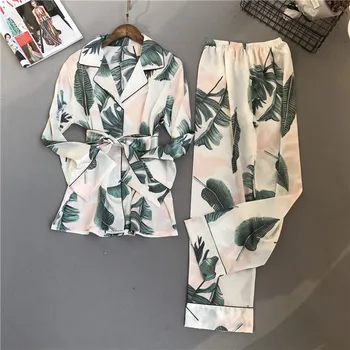 

2020 New Satin Pajamas Set Faux Silk 2 Piece Women Spring Sleepwear Pajamas With Belt Plant Printed Long Sleeve Suit Homewear
