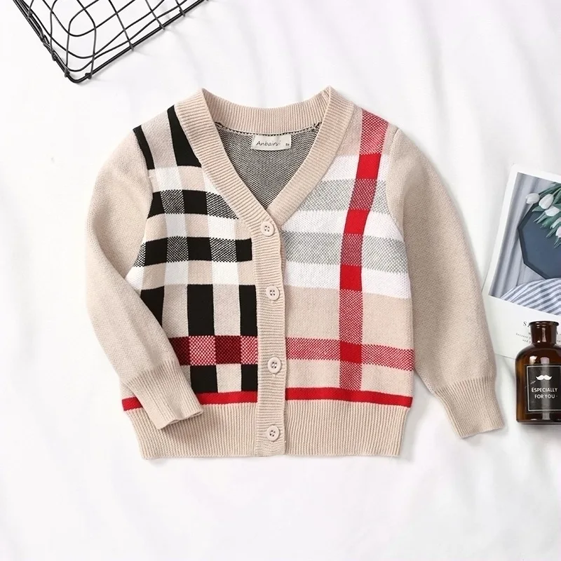 

's Striped Plaid Cardigan Knitted Long Sleeve V-neck Sweater Autumn 2020 British Children 's Neutral Children Knitting Cotton