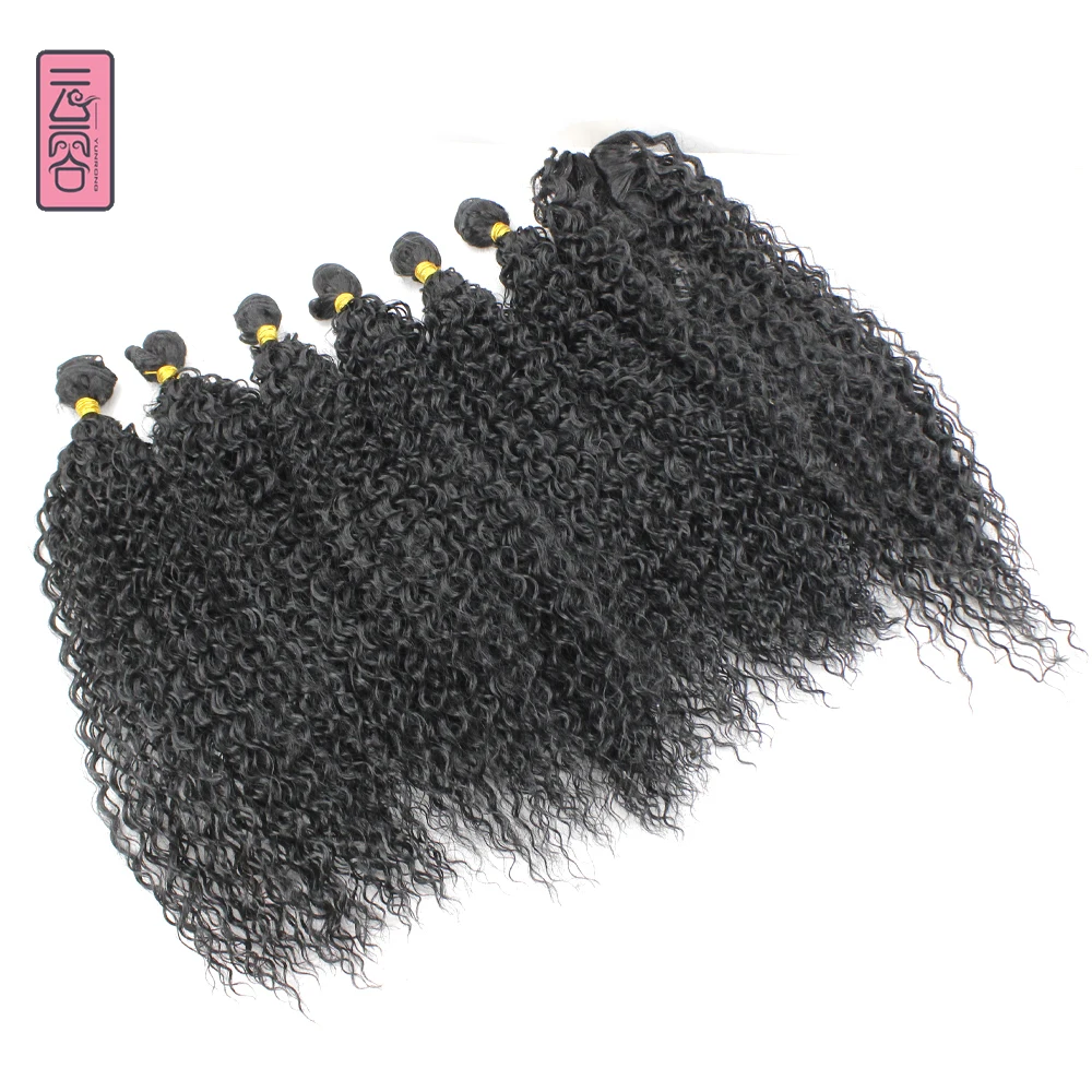 YunRong Synthetic Kinky Curly Hair Bundles With Closure 1B 26Inches Hair-Extension Hair Weaving for Women 7PCS/Pack