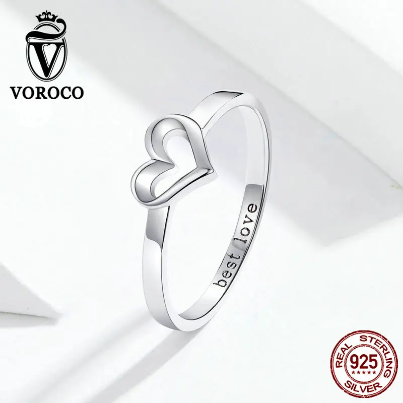 Voroco настоящий 925 пробы Серебряное кольцо, минималистичный простой, кольцо с сердцем на палец, лучший любовь выгравирована обещание для Для женщин ювелирные изделия BKR578