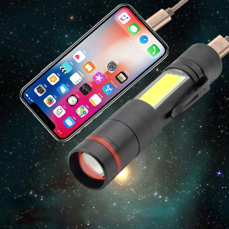 

New Aluminum Alloy With Red COB Side Light Zoom USB Charging With Charging Treasure Multi-Function LED Flashlight