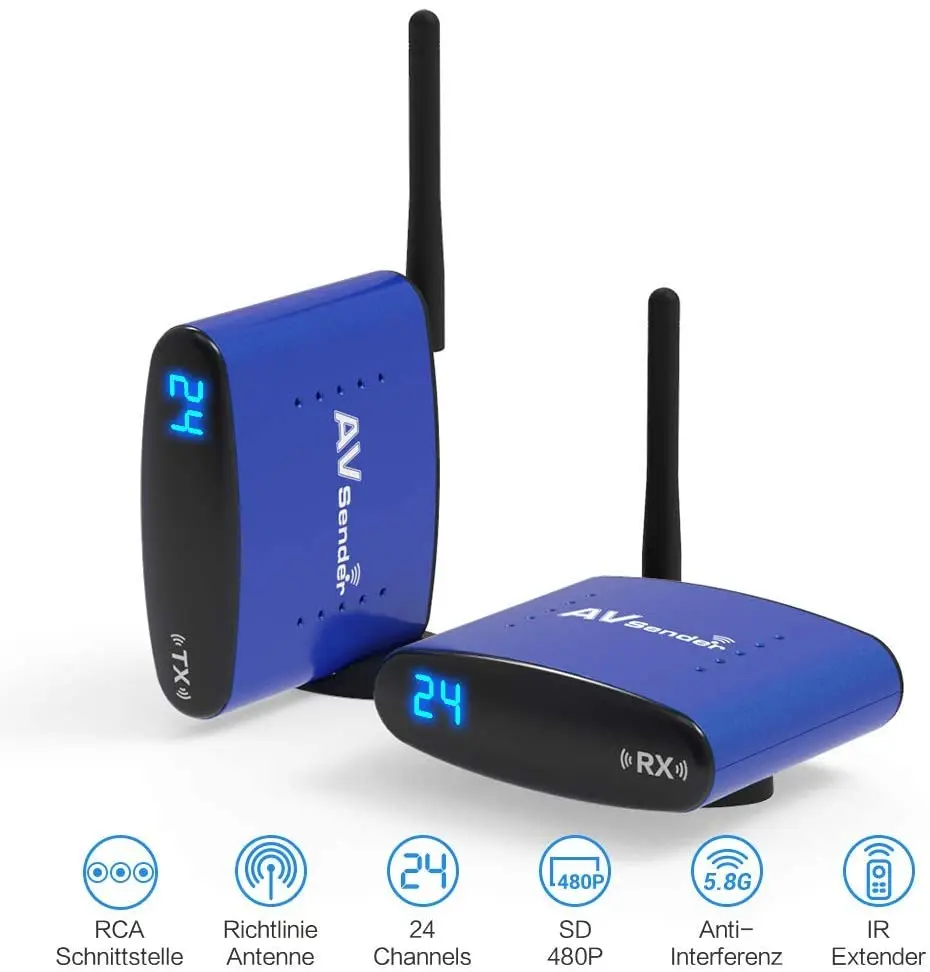 

Wireless Audio Transmitter Receiver,5.8GHz 24 Channels with IR Remote Extender,Support 480P 200M Transmission Wireless RCA Video