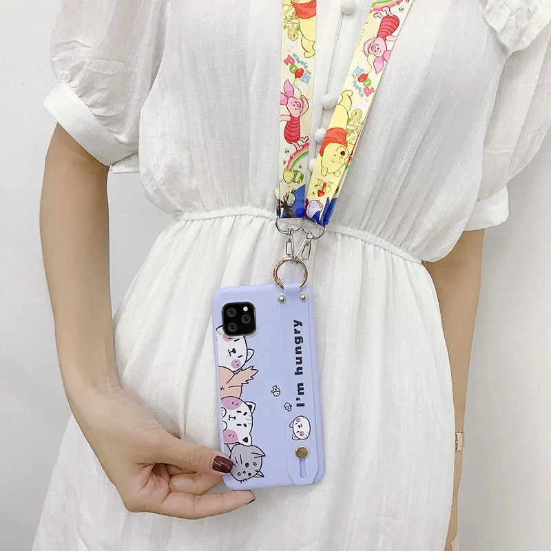 For iphone 11 Cute Avocado Wrist Strap phone Case for iphone 11 pro max Cartoon CAT silicone Rabbit Back cover+ strap