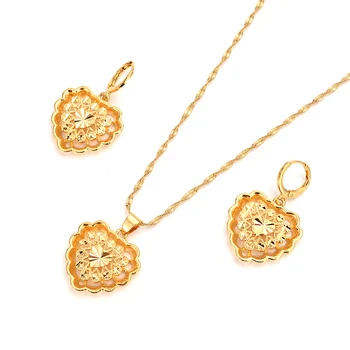 

Gold love heart family set Jewelry Pendant Chain Earrings African Dubai Bride Wedding women girls Bijoux mother gift
