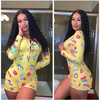 

Women Sexy Button Pajamas Plus Size Women Sleepwear Jumpsuit Bodysuit Shorts Romper Leotard Long Sleeve Bodycon Slim Jumpsuit