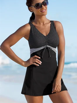 

Palk Dot Print Drawstring Tankini Women Bikini Sets Plus Size 4xl Retro Swimsuit A Line High Waisted Shorts Beach Mini Dress