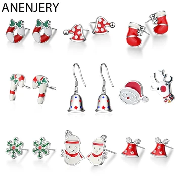 

ANENJERY Tiny Silver Color Christmas Jewelry Snowflakes Bells Deer ChristmasTree Candy Cane Earrings Gift