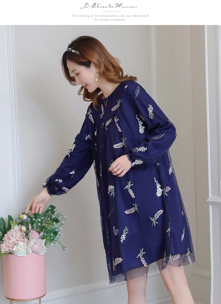 6288# осенне-весеннее модное платье для беременных с вышивкой одежда из марлевой ткани для беременных женщин большого размера свободная одежда для беременных
