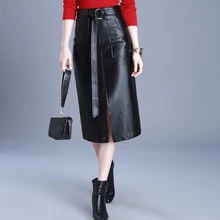 Женская юбка из искусственной кожи плюс размер 3xl Весна Осень Повседневная Офисная Рабочая с разрезом и высокой талией длинная юбка плюс размер J429