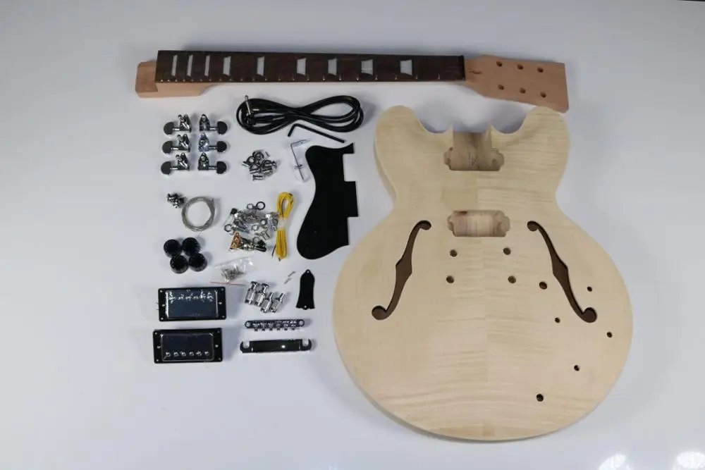 Unfinished 335 Electric Guitar kits Semi Hollow Body Flamed Maple Top Veneer all hardware | Спорт и развлечения