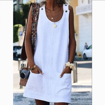 

Women Straight Dress Summer O-Neck Loose Sleeveless Female Mini Dress Casual Overall Beach Woman Vest Dress Feminino Vestido