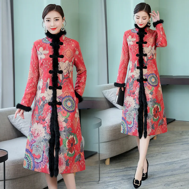 

Rabbit Fur Printed Improved Cheongsam Women's 2018 Autumn And Winter Long Sleeve Stand Collar Dignified Glorious Thick Warm Midd
