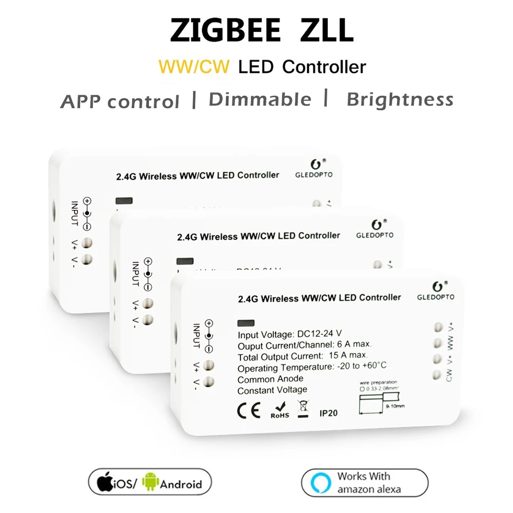 GLEDOPTO Zigbee LED Controller CCT Wireless Control Smart Home Bridge WW CW LED Strip Dimmer Switch 12V 24V Work with Alexa Echo