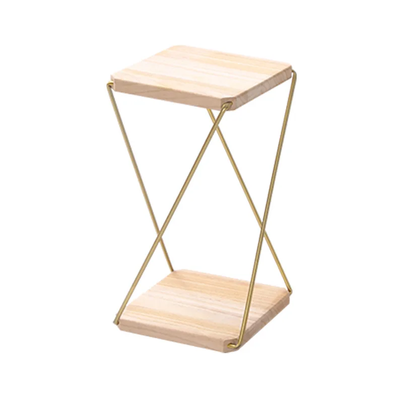 Iron flower rack wooden shelf balcony floor type plant rack double-layer Storage Rack plant stand wooden flower shelf