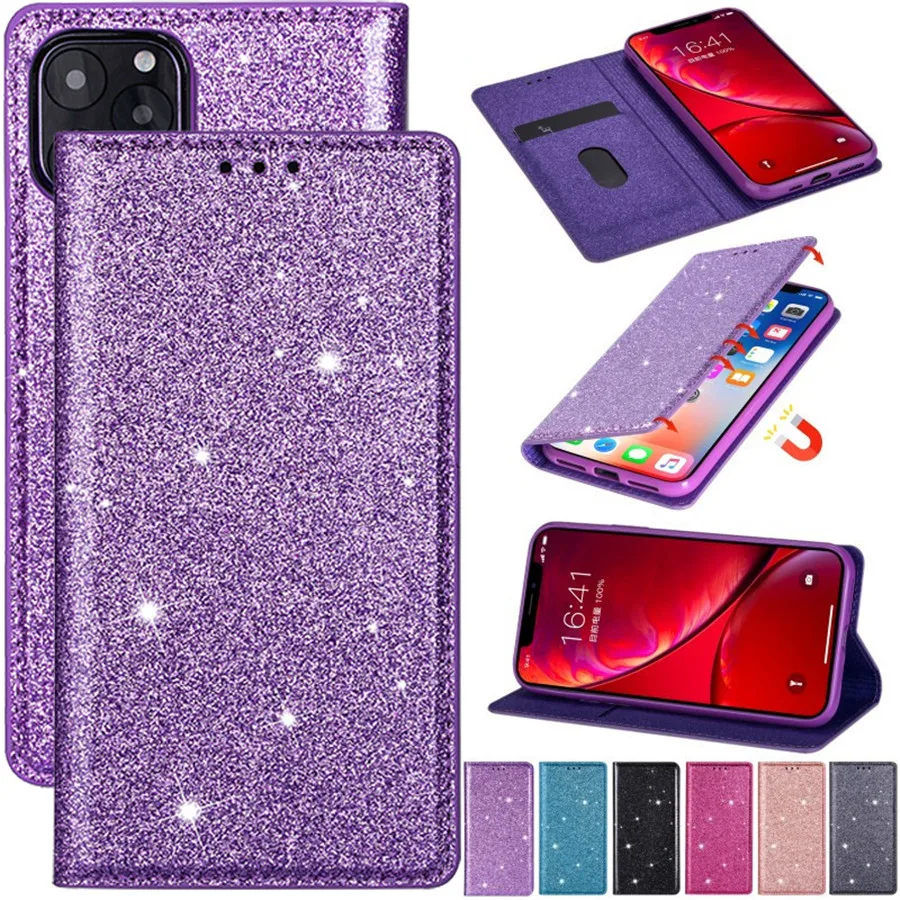 Блестящий женский чехол-кошелек для 11 Pro Max X XR XS Ультратонкий флип-чехол из