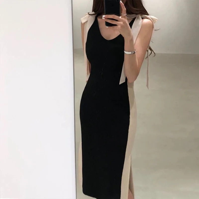 

Spring Summer 2020 New Vintage Patchwork Bow Female Summer Sleeveless Knitted Retro Bottom Dress Pullovers Women Slim Vestidos