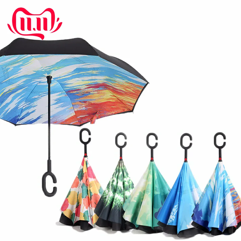 

Starry Sky Anti UV Inverted Umbrella Reverse Folding Double Layer Guarda Chuva Self Stand Inside Out Sunny Rain