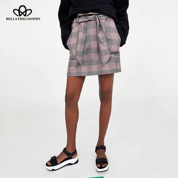 

HStar 2020 spring women casual pink plaid skirt high waist ladies mini skirt fashion sashes female straight skirt