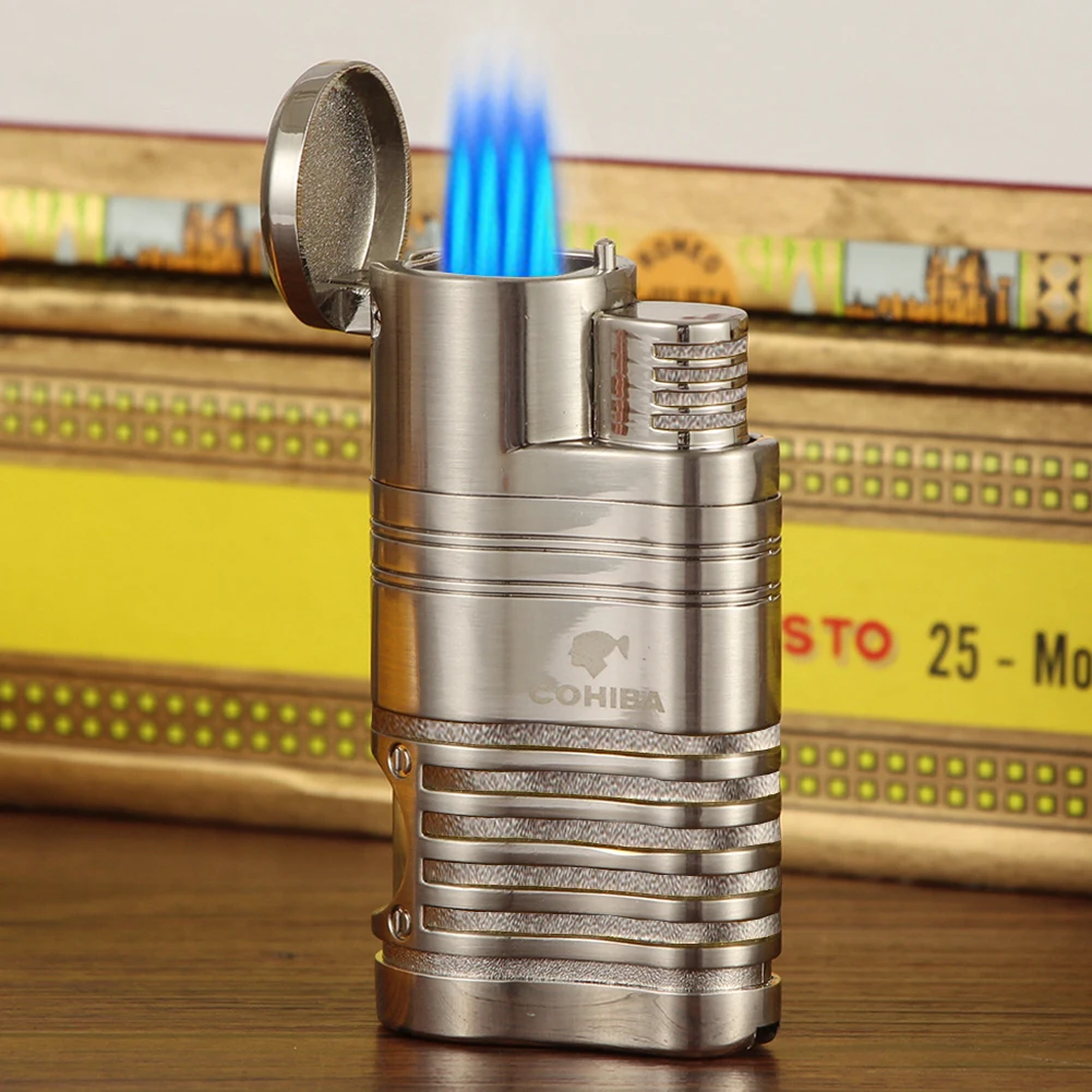 Cohiba Metal Pocket Cigar Lighter Windproof Luxury 4 Jet Lighter Torch Butane Portable Cigarette