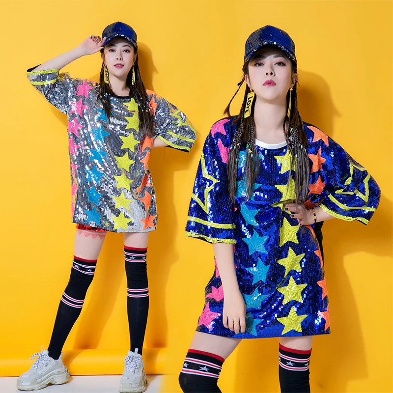 Крутая Женская Одежда для танцев, уличная одежда, стильные футболки со звездами, женская одежда для сценического танца, футболки с блестками