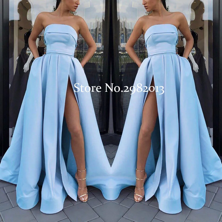 

Long Light Blue Satin Prom Dress 2020 with Slit Strapless Party Gown Vestidos De Gala Largos 2019