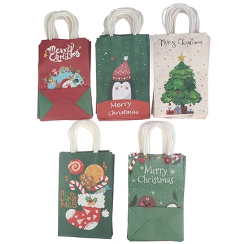 

10pcs Christmas Gift Bags Santa Sacks Kraft Paper Bag with Handle Kids Party Favors Box Tote Bag Christmas Shopping Bag