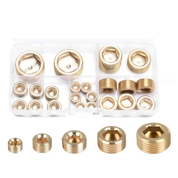 

HOT-23Pcs Brass Pipe Fitting,1/8 inch 1/4 inch 3/8 inch 1/2 inch 3/4 inch NPT Brass Internal Hex Thread Socket Pipe Plug Set