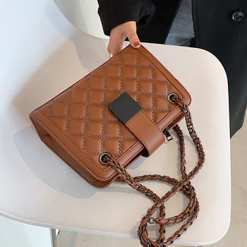 

Rivet Designer PU Leather Crossbody Bags for Women 2021 Winter Chain Trending Shoulder Bag Luxury Small Handbags and Purses