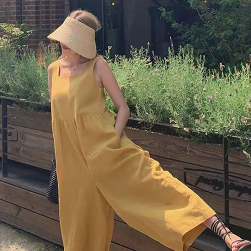 LANMREM 2020 New Summer Solid Color Square Collar Sleeveless Sling Jumpsuit Women Korea Loose Cotton Linen Clothing Tide PF424 LANMREM 2020 New Summer Solid Color Square Collar Sleeveless Sling Jumpsuit Women Korea Loose Cotton Linen Clothing Tide PF424