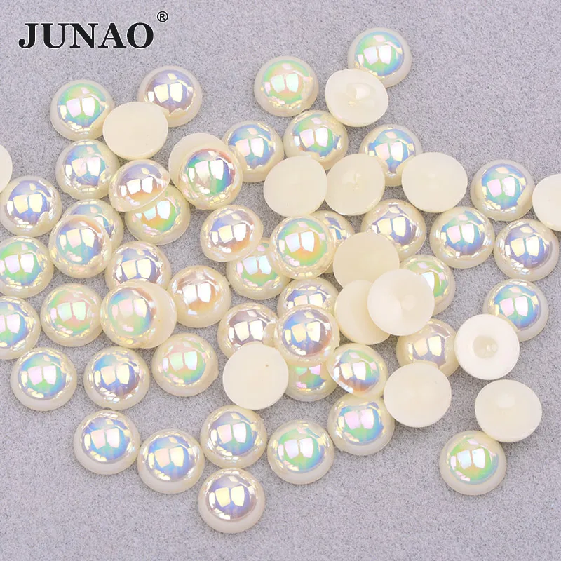 Beige AB JUNAO 6, 8, 10, 12 мм белый AB полукруглый жемчуг Стразы DIY хрустальные наклейки плоские с оборота жемчужные аппликации для украшения - Цвет: Beige AB