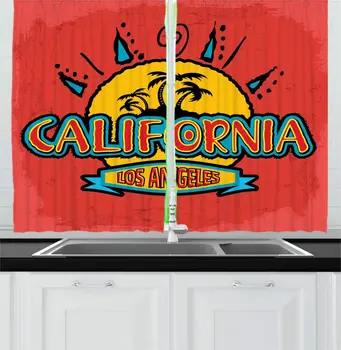 

Vermilion Sky Blue Orange California Kitchen Curtains Colorful Los Angeles Sign Written Sunny Tropical Motif for Kitchen Cafe