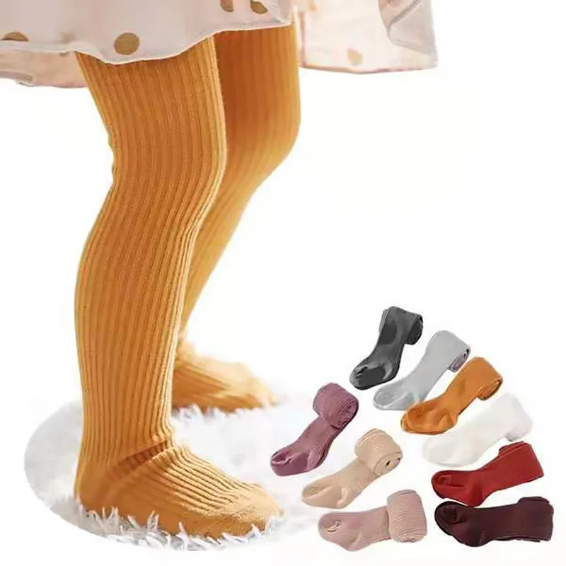 Medias de algodón para bebés de 0 a 6 años, pantimedias para niños, pantalones de primavera y otoño para niñas, medias de rayas verticales de Color sólido
