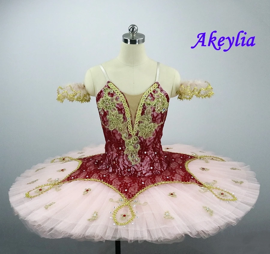 Rose red  Ballet Tutu Professional Ballet Pancake Lace Fabric With Lace Decorations Skirts Sleep Beauty Costumes peach