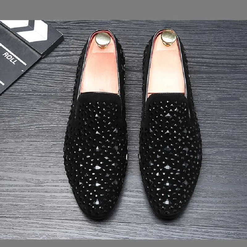 Black Rhinestone Men Dress Shoes Velvet 