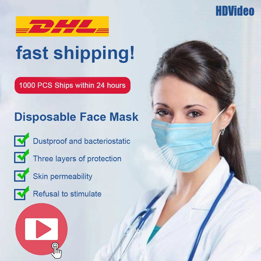 

1000Pcs Disposable Face Masks 3 Ply Safely Mask Apply Dust Ad isult Filter Masque DHL shipping