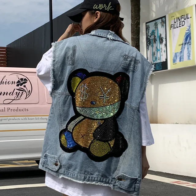 $ Loose Bear Diamonds Women Vest Street Style 2021 Spring Summer Sleeveless Women'S Denim Jackets Fashion Casual Female Tops