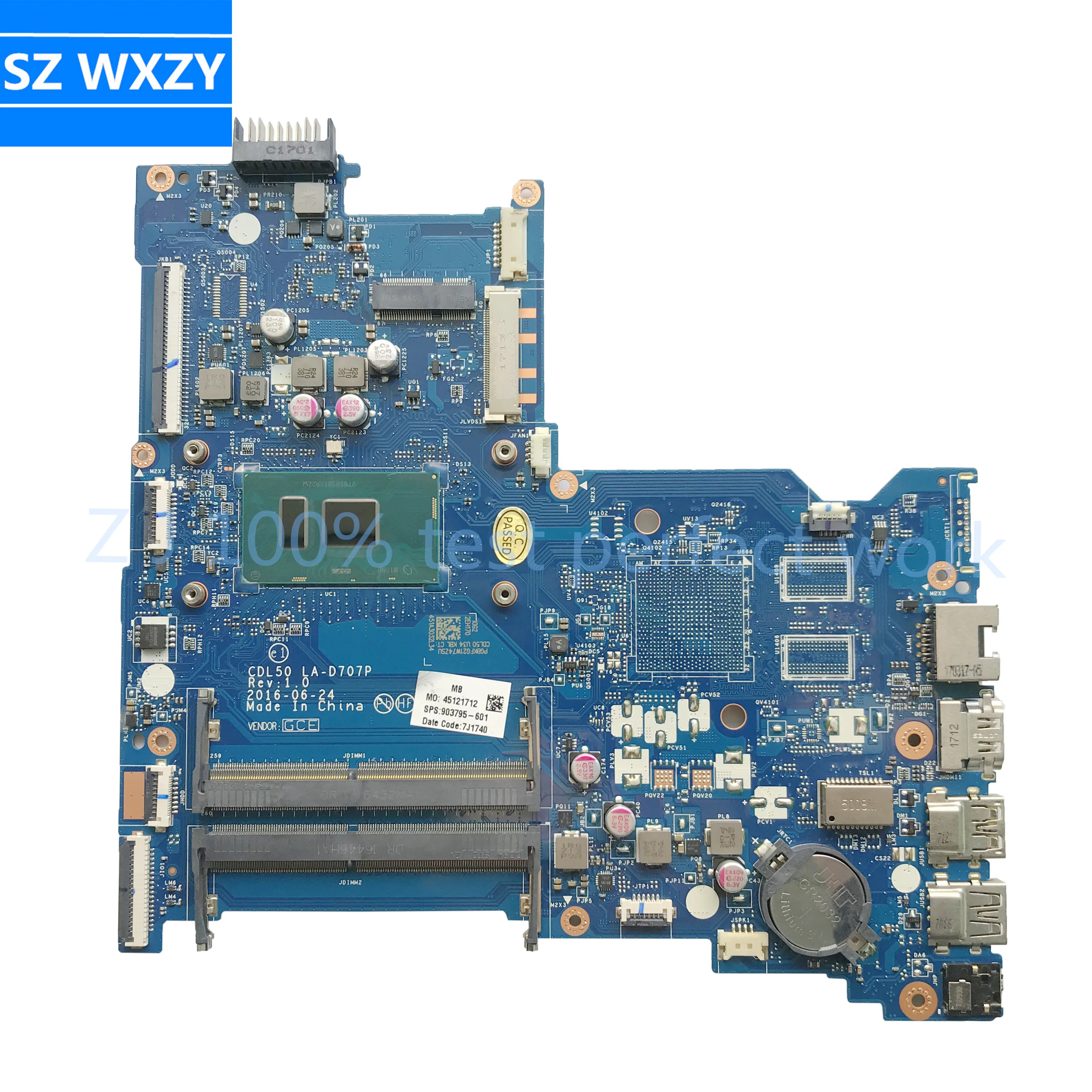 Материнская плата для ноутбука HP 15-AY 903795-601 903795-001 CDL50 LA-D707P с процессором SR2ZW i3-7100 DDR4