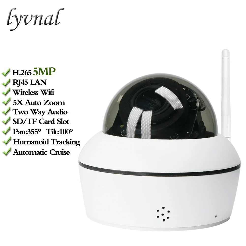 H.265 5MP Security IP Camera Wifi PTZ Dome Full Metal 5X Auto Zoom Humanoid Tracking 1080P CCTV Two Way Audio SD TF Card Slot