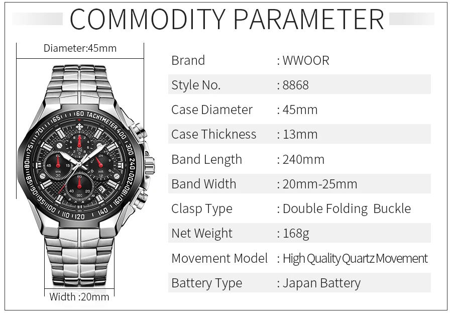 2021 WWOOR Men's Watch Top Brand Luxury Black Wrist watch Fashion Sports Chronograph steel Quartz Men Watches Relogio Masculino